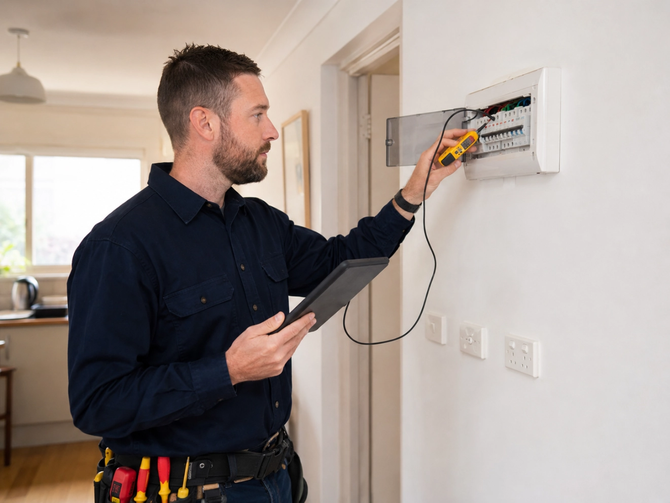 Licensed electrician inspecting rental property switchboard Melbourne